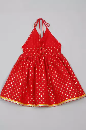 Saka designs red and yellow halter neck dhoti jhabla for girls