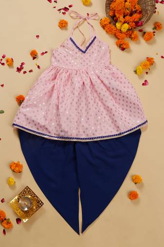 Saka designs pink and navy halter neck dhoti jhabla for girls