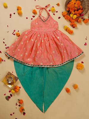 Saka designs orange and green halter neck dhoti jhabla for girls 1