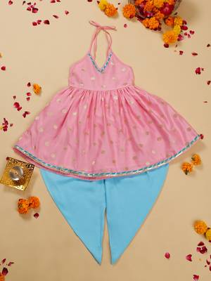 Saka designs pink and blue halter neck dhoti jhabla for girls 1