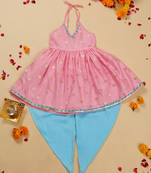 Saka designs pink and blue halter neck dhoti jhabla for girls