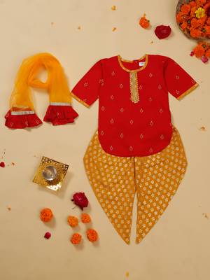 Saka designs girls' foil-printed rayon red kurta yellow dhoti with dupatta ensemble 1