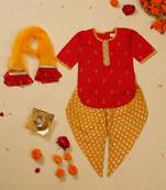 Saka designs girls' foil-printed rayon red kurta yellow dhoti with dupatta ensemble