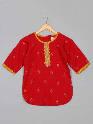 Saka designs girls' foil-printed rayon red kurta yellow dhoti with dupatta ensemble 2