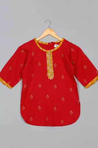 Saka designs girls' foil-printed rayon red kurta yellow dhoti with dupatta ensemble