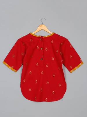 Saka designs girls' foil-printed rayon red kurta yellow dhoti with dupatta ensemble 3