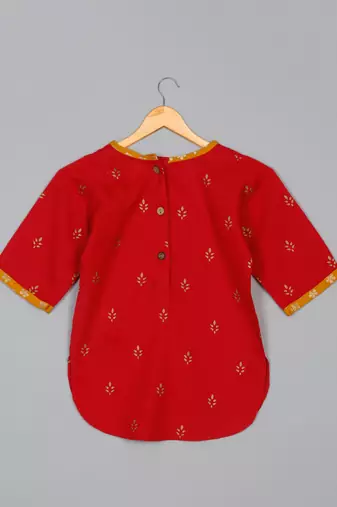 Saka designs girls' foil-printed rayon red kurta yellow dhoti with dupatta ensemble