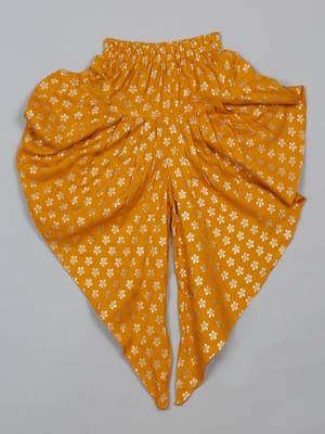 Saka designs girls' foil-printed rayon red kurta yellow dhoti with dupatta ensemble 4