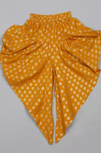 Saka designs girls' foil-printed rayon red kurta yellow dhoti with dupatta ensemble