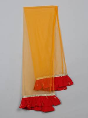 Saka designs girls' foil-printed rayon red kurta yellow dhoti with dupatta ensemble 5