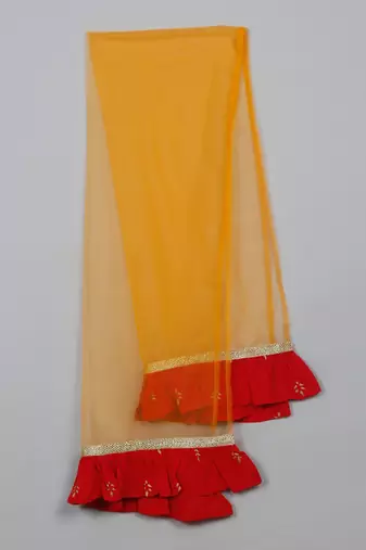 Saka designs girls' foil-printed rayon red kurta yellow dhoti with dupatta ensemble