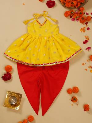 Saka designs yellow and red halter neck dhoti jhabla 1