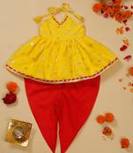 Saka designs yellow and red halter neck dhoti jhabla