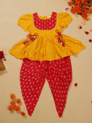 Saka designs girls foil printed yellow jhabla with magenta dhoti ensemble 1