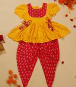 Saka designs girls foil printed yellow jhabla with magenta dhoti ensemble