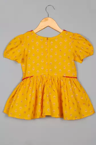 Saka designs girls foil printed yellow jhabla with magenta dhoti ensemble