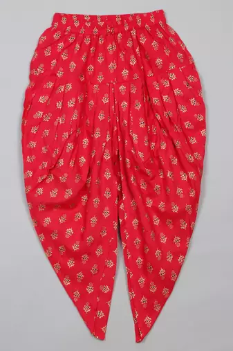 Saka designs girls foil printed yellow jhabla with magenta dhoti ensemble
