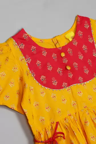 Saka designs girls foil printed yellow jhabla with magenta dhoti ensemble