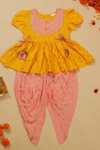Saka designs girls foil printed yellow jhabla with peach dhoti ensemble