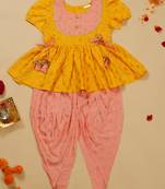 Saka designs girls foil printed yellow jhabla with peach dhoti ensemble