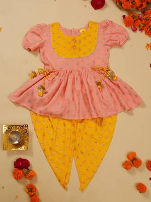 Saka designs girls foil printed peach jhabla with yellow dhoti ensemble 1