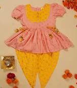 Saka designs girls foil printed peach jhabla with yellow dhoti ensemble