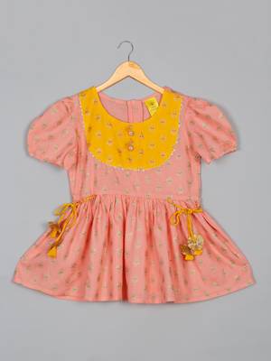 Saka designs girls foil printed peach jhabla with yellow dhoti ensemble 2