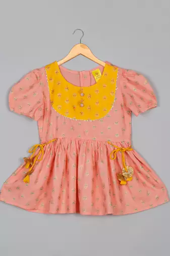 Saka designs girls foil printed peach jhabla with yellow dhoti ensemble