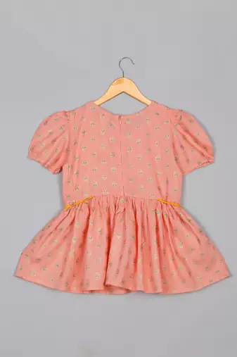 Saka designs girls foil printed peach jhabla with yellow dhoti ensemble
