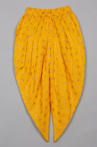Saka designs girls foil printed peach jhabla with yellow dhoti ensemble