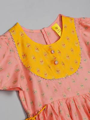 Saka designs girls foil printed peach jhabla with yellow dhoti ensemble 5