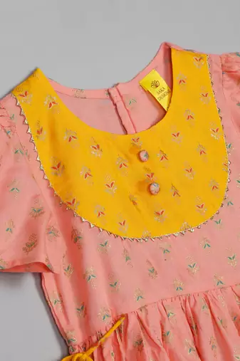 Saka designs girls foil printed peach jhabla with yellow dhoti ensemble
