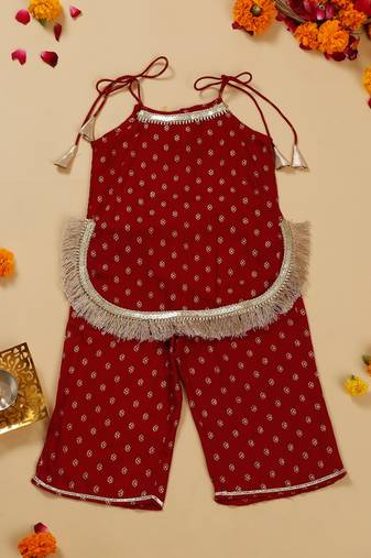 Saka designs maroon shoulder strap kurta with palazzo set for girls