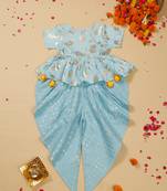 Saka designs girls' cotton blend foil printed jhabla with dhoti ensemble