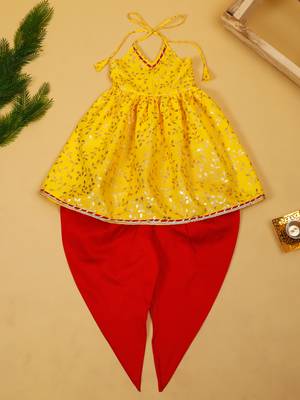Saka designs yellow and red halter neck dhoti jhabla 1