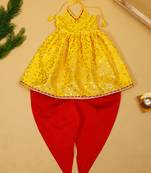 Saka designs yellow and red halter neck dhoti jhabla