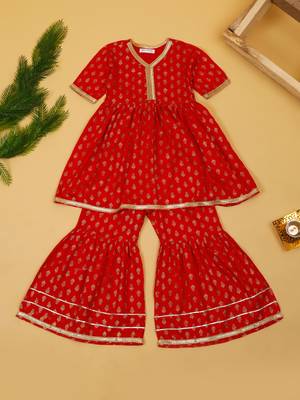 Saka designs girls red rayon printed v-neck kurta with sharara set 1