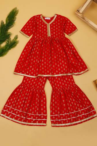 Saka designs girls red rayon printed v-neck kurta with sharara set