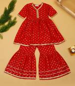 Saka designs girls red rayon printed v-neck kurta with sharara set