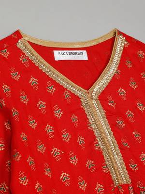 Saka designs girls red rayon printed v-neck kurta with sharara set 4