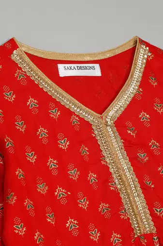 Saka designs girls red rayon printed v-neck kurta with sharara set