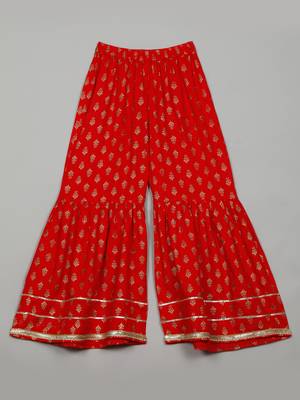 Saka designs girls red rayon printed v-neck kurta with sharara set 5