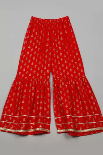 Saka designs girls red rayon printed v-neck kurta with sharara set