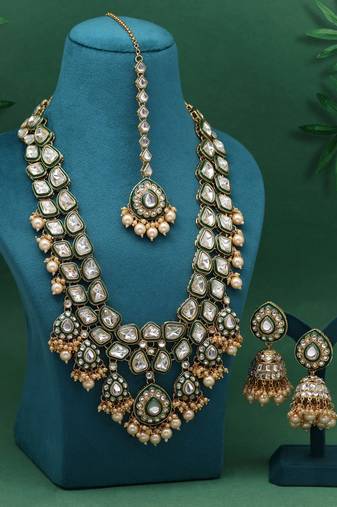 Gold color meena work kundan necklace set