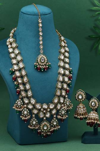 Maroon & green color meena work kundan necklace set