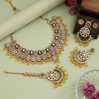 Yellow color meena work kundan necklace set 2