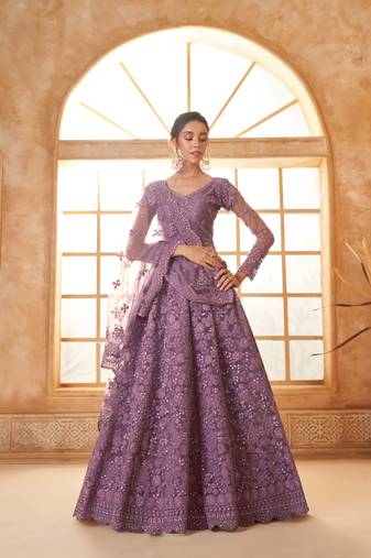 Sareez4u Light Purple Colour Cording And Thread Work Design, Net Fabric, Simi-Stitched Lehenga Choli Set 