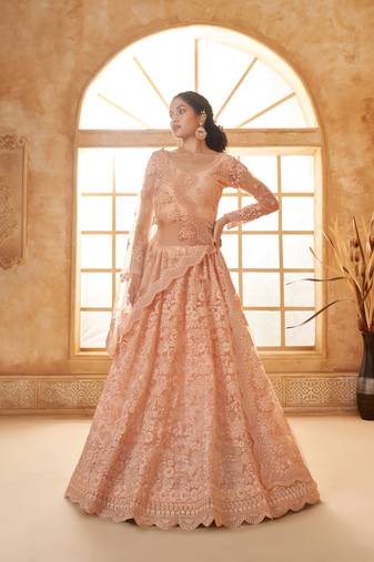 Sareez4u Peach Colour Cording And Thread Work Design, Net Fabric, Simi-Stitched Lehenga Choli Set 