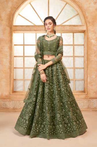 Sareez4u Light Green Colour Cording And Thread Work Design, Net Fabric, Simi-Stitched Lehenga Choli Set 