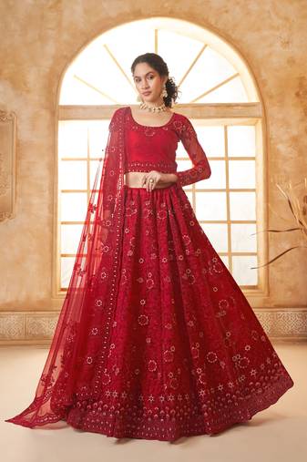 Sareez4u Red Colour Cording And Thread Work Design, Net Fabric, Simi-Stitched Lehenga Choli Set 